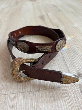 Vintage Western Leather Belt Silver Concho Tooled Brown Cowboy Size 40
